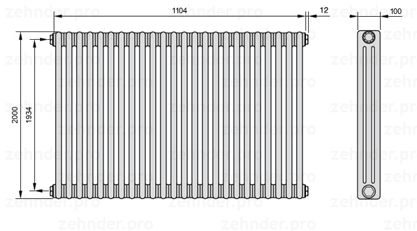Схема (чертеж) Радиатор Zehnder Charleston 3200/24 №1270 Белый глянцевый RAL 9016